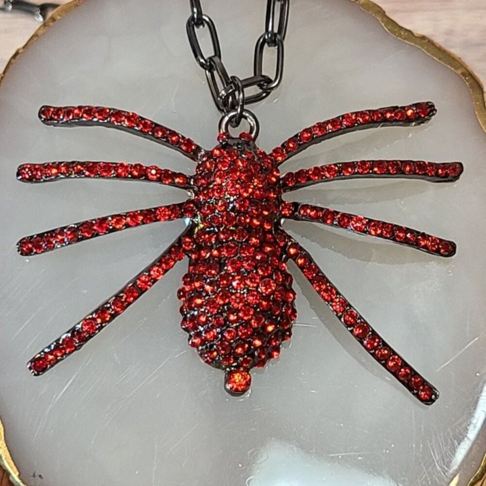 Red Rhinestone Spider Pendant Necklace 18" Dark Gothic Halloween Women Jewelry